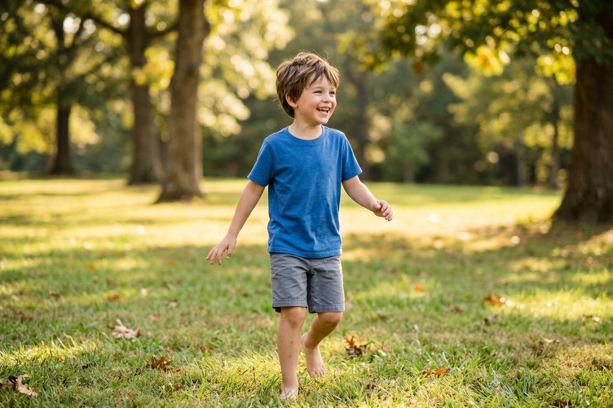 A child in a blue shirt and gray shorts running barefoot on grass in a sunlit park, laughing.