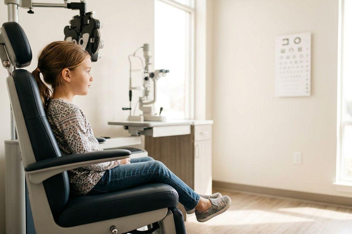 A child sitting in an optometrist's exam chair, looking toward an eye chart on the wall.