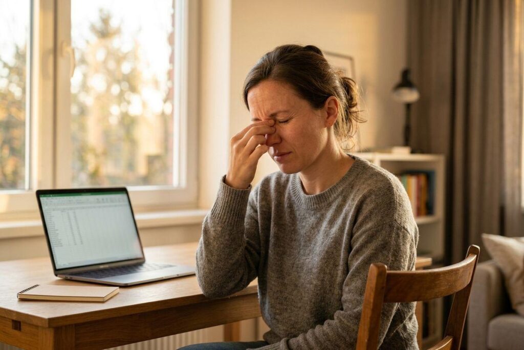 A person at a desk with a laptop, eyes closed, pinching the bridge of their nose, looking tired.