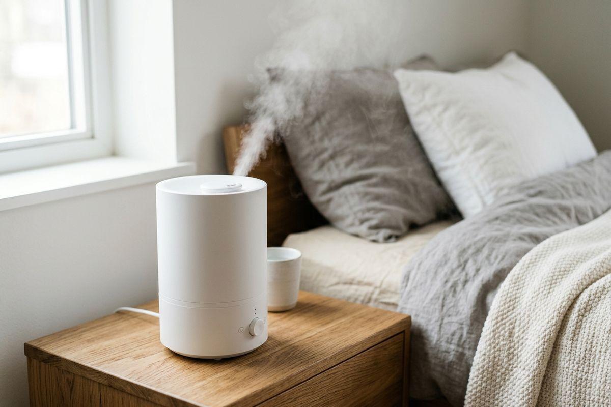 A white humidifier emitting mist on a wooden nightstand beside a bed with grey pillows, near a window.