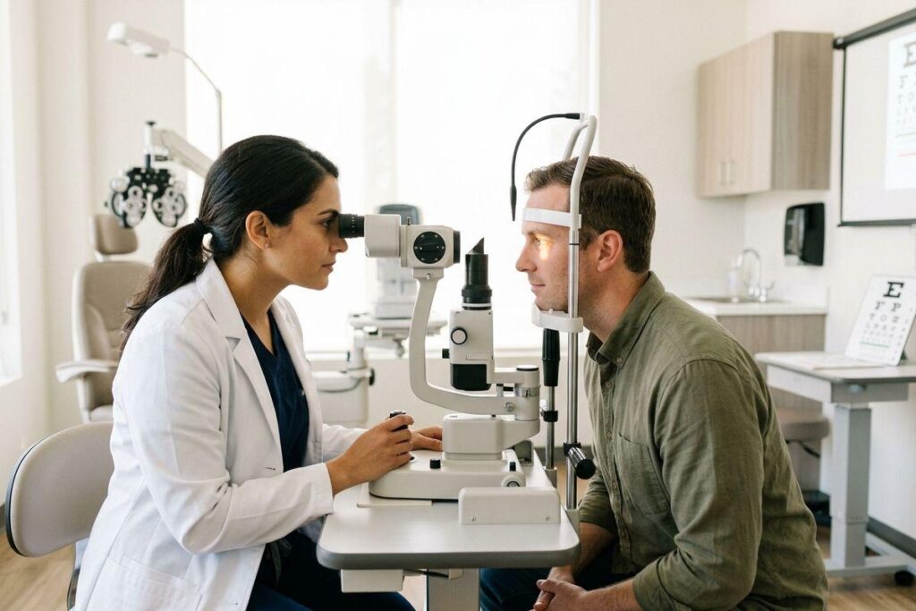 An optometrist examines a patient's eyes using a slit lamp in an exam room with an eye chart in the background.