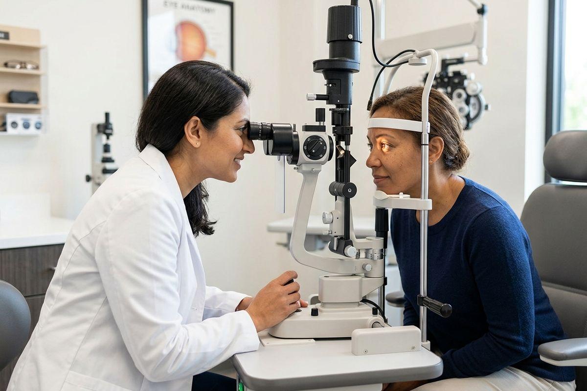 An optometrist examines a patient's eyes using a slit lamp in an exam room.