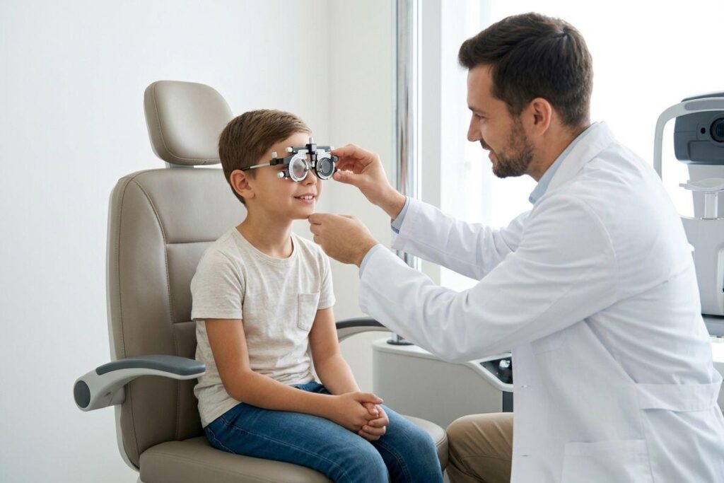 An optometrist fitting trial lenses on a smiling child seated in an exam chair.