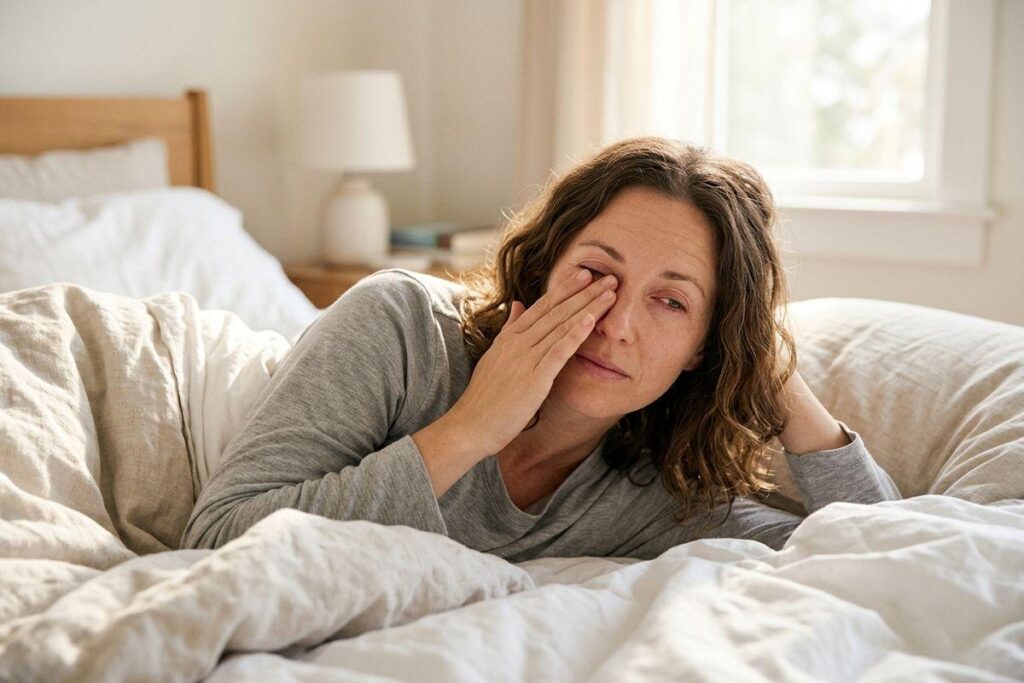 Person lying in bed rubbing one eye, looking tired, near a sunlit window.