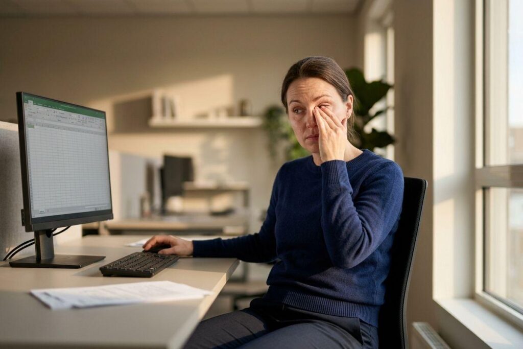 A person at an office desk rubbing one eye while using a computer with a spreadsheet on the screen.
