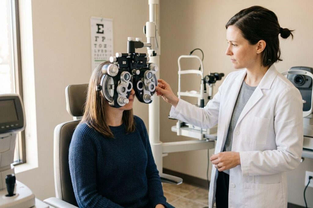 An optometrist adjusts a phoropter for a seated patient during an eye exam, with an eye chart on the wall in the background.