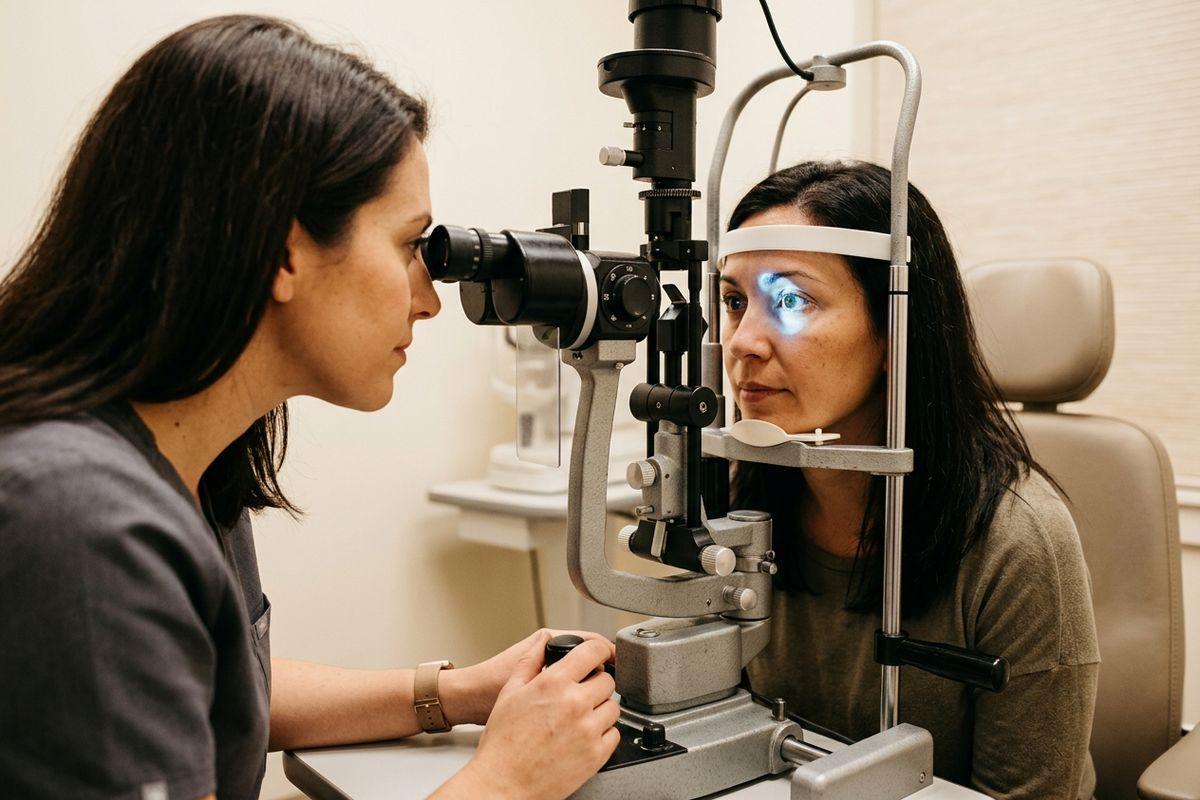 An optometrist examines a patient's eye using a slit lamp, with blue light shining on the patient's face during an eye exam.