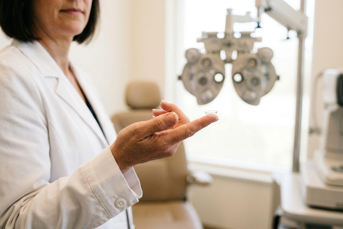 An optometrist holding a contact lens on a fingertip in an exam room with a phoropter in the background.