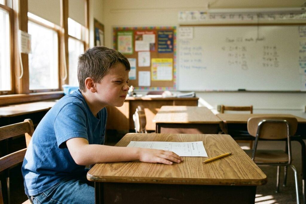 A child squinting at a worksheet on a desk in a classroom, with a pencil, whiteboard, and empty desks nearby.