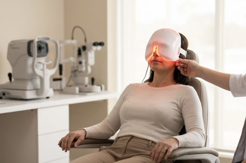 Adult in an exam chair wears a white mask glowing red over the eyes as an optometrist adjusts it, with eye exam equipment in the background.