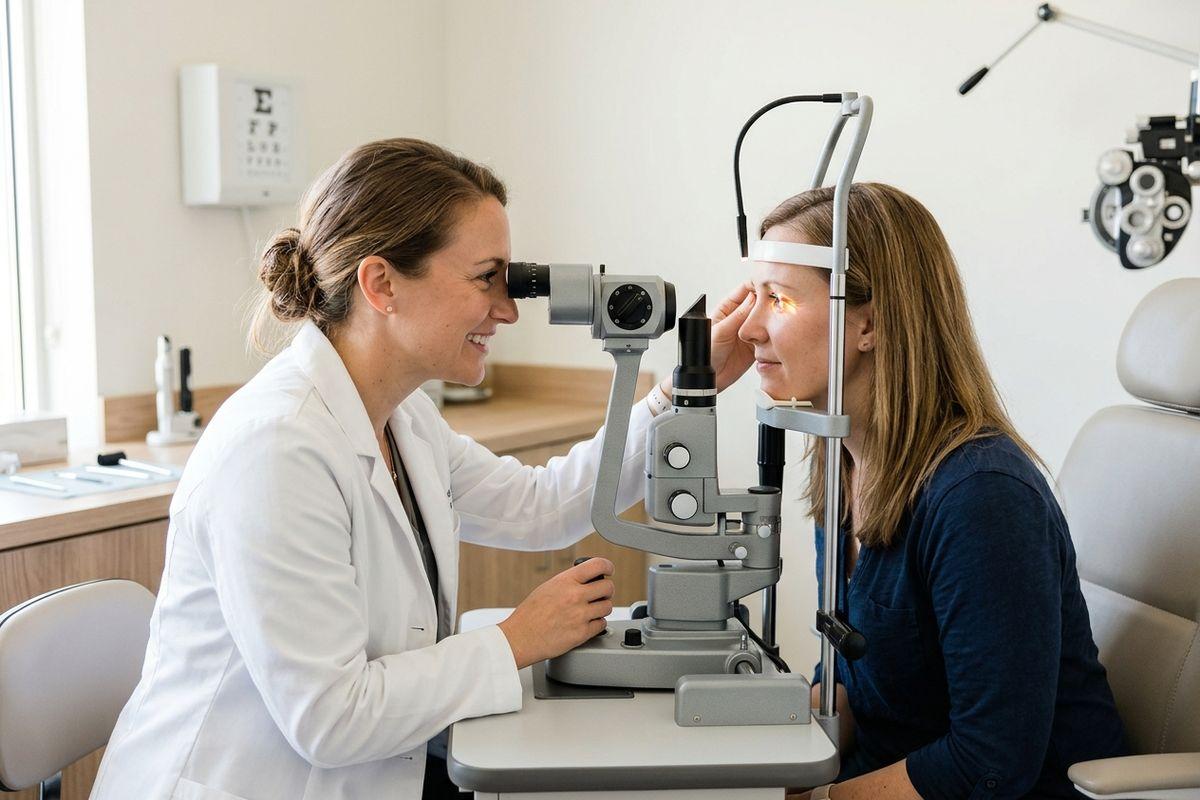 An optometrist examines a patient's eye using a slit lamp in an exam room with an eye chart on the wall.