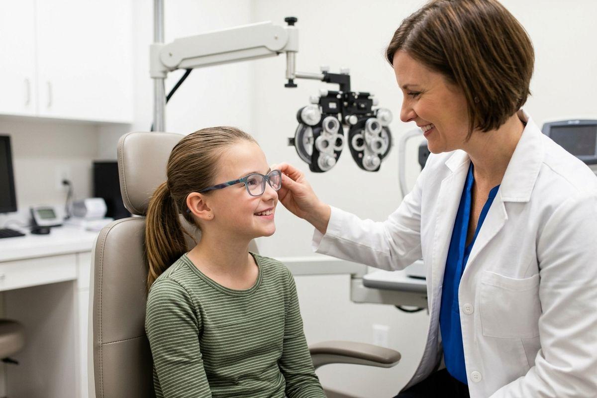 An optometrist fitting glasses on a smiling child seated in an exam chair beside a phoropter.